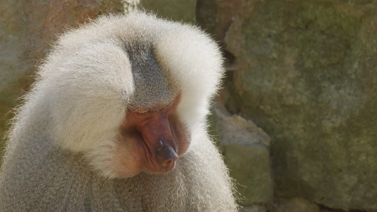 A male hamadryas baboon sits against a rocky background, calmly chewing and occasionally glancing around in bright natural daylight with a steady camera