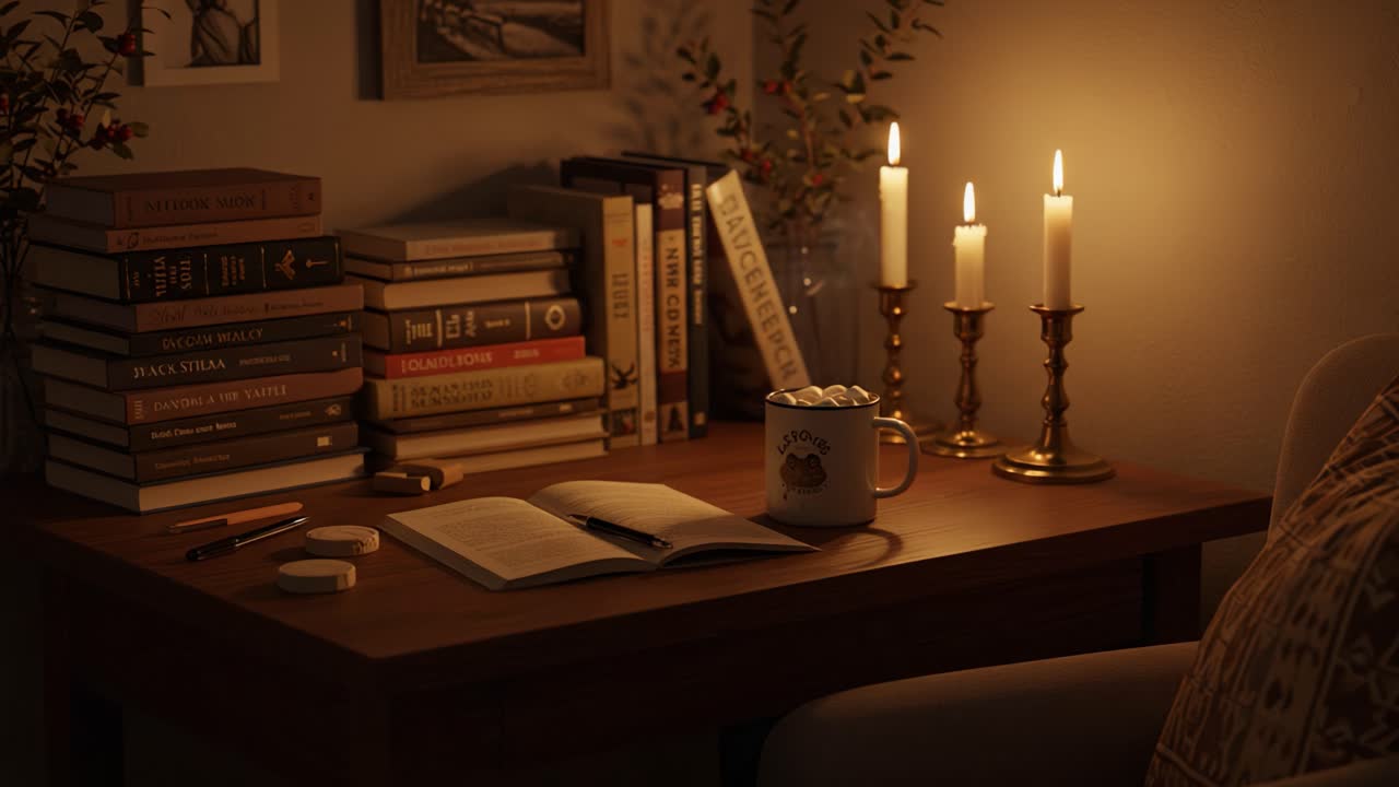 Cozy Evening Desk Scene with Books, Candles, and Hot Drink