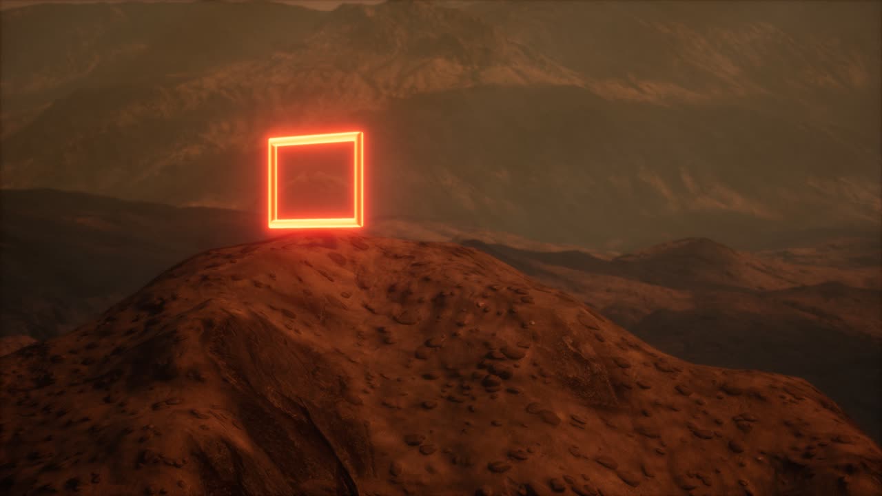 portal de neón en la superficie del planeta marte con el soplo de polvo
