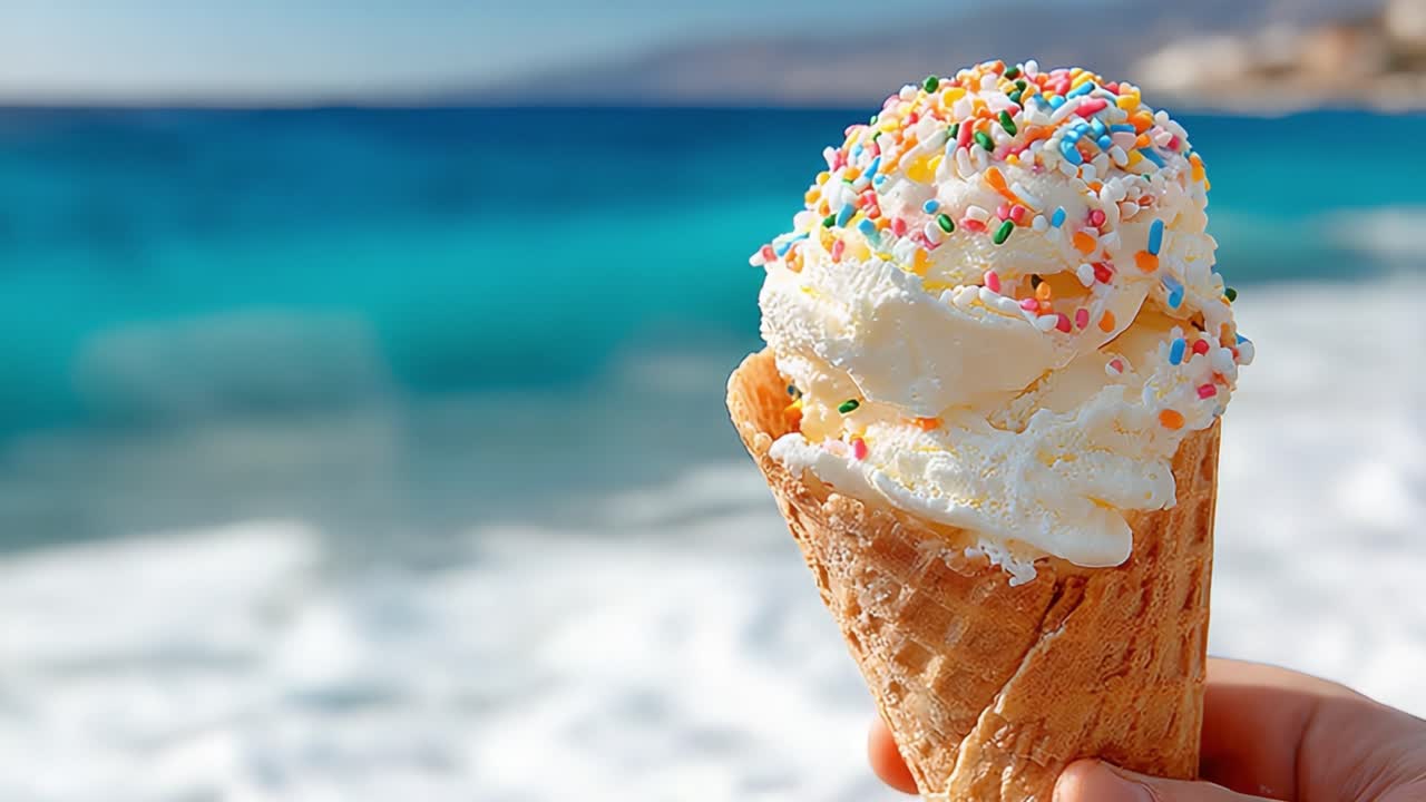 Heerlijk ijshoorntje met sprinkles tegen een prachtige kustachtergrond, dat de essentie van zomerse verwennerij en vreugdevolle ontspanning aan de oceaan vastlegt