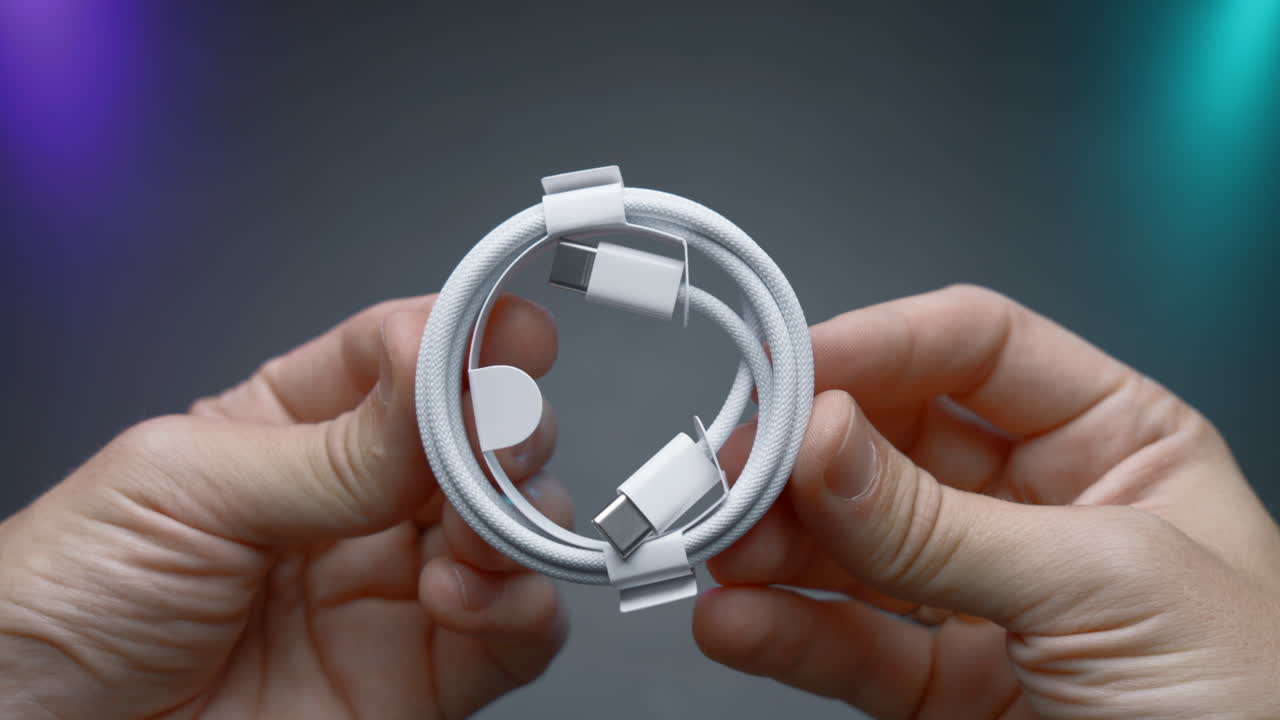 색 usb-c 케이블을 들고 있는 사람.
