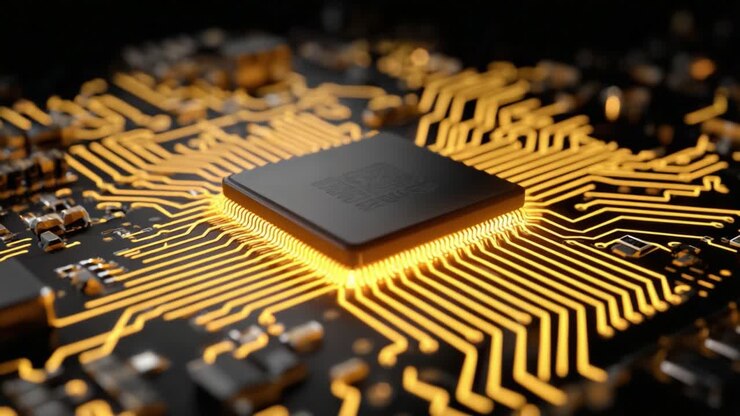 Et fantastisk nærbillede af en mikrochip omgivet af komplekse kredsløb, belyst med en varm glød, der viser moderne teknologi og innovation inden for elektronik