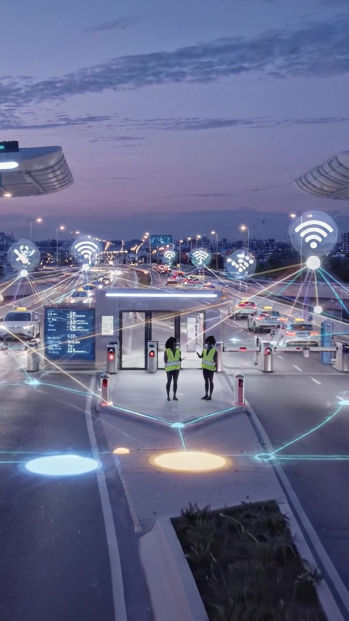 Un hub di trasporto urbano futuristico con veicoli autonomi, sistemi di gestione del traffico e miglioramenti della connettività intelligente in un vivace paesaggio urbano al tramonto.
