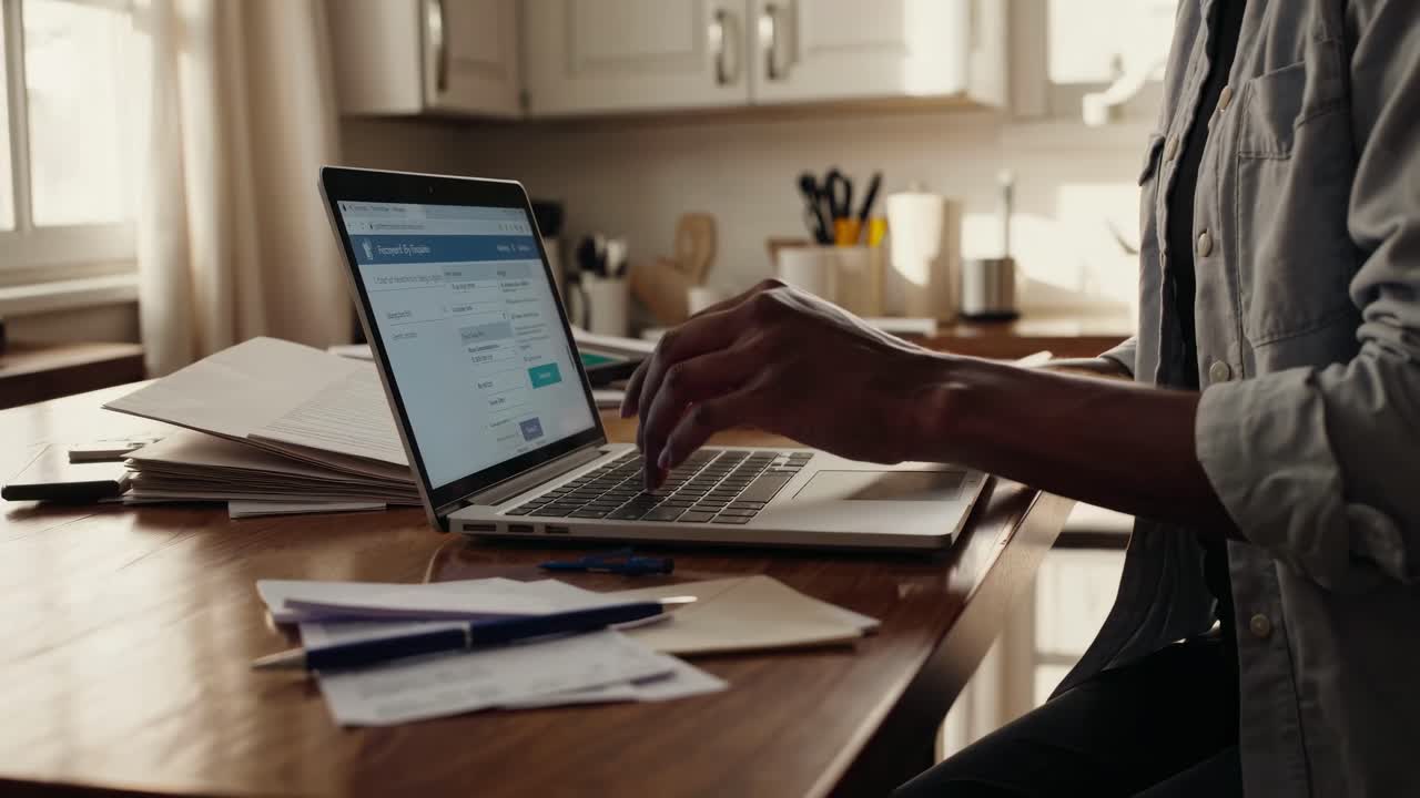 A side-angle shot of a person using a laptop at a wooden table, surrounded by papers
