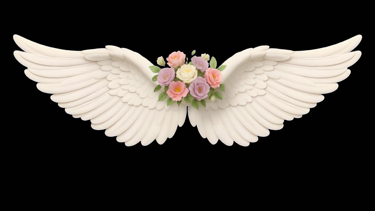 Elegant angel wings with flowers animation isolated asset, transparent 4K video, alpha channel