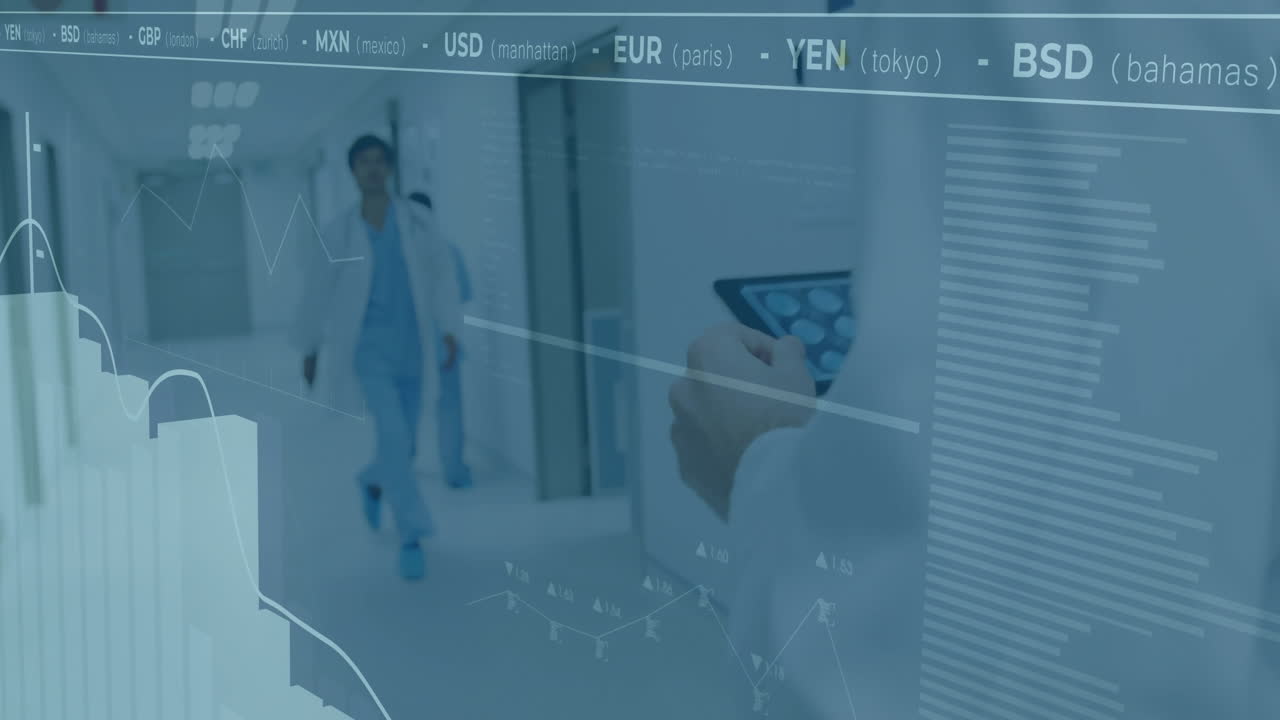 medical staff walking down corridor, overlaying animated financial charts and currency code data