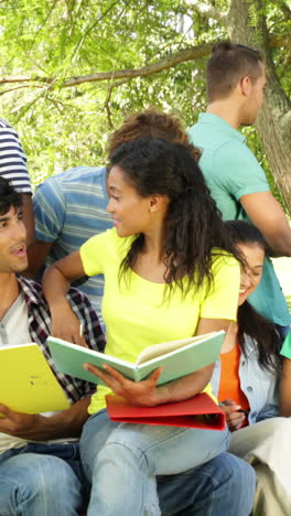 estudiantes felices leyendo y charlando juntos afuera en el campus