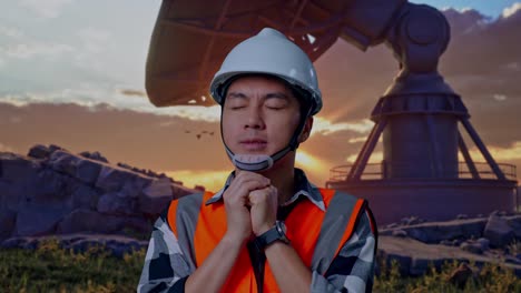 close up of asian male engineer with safety helmet pray for something while standing with large satellite dish
