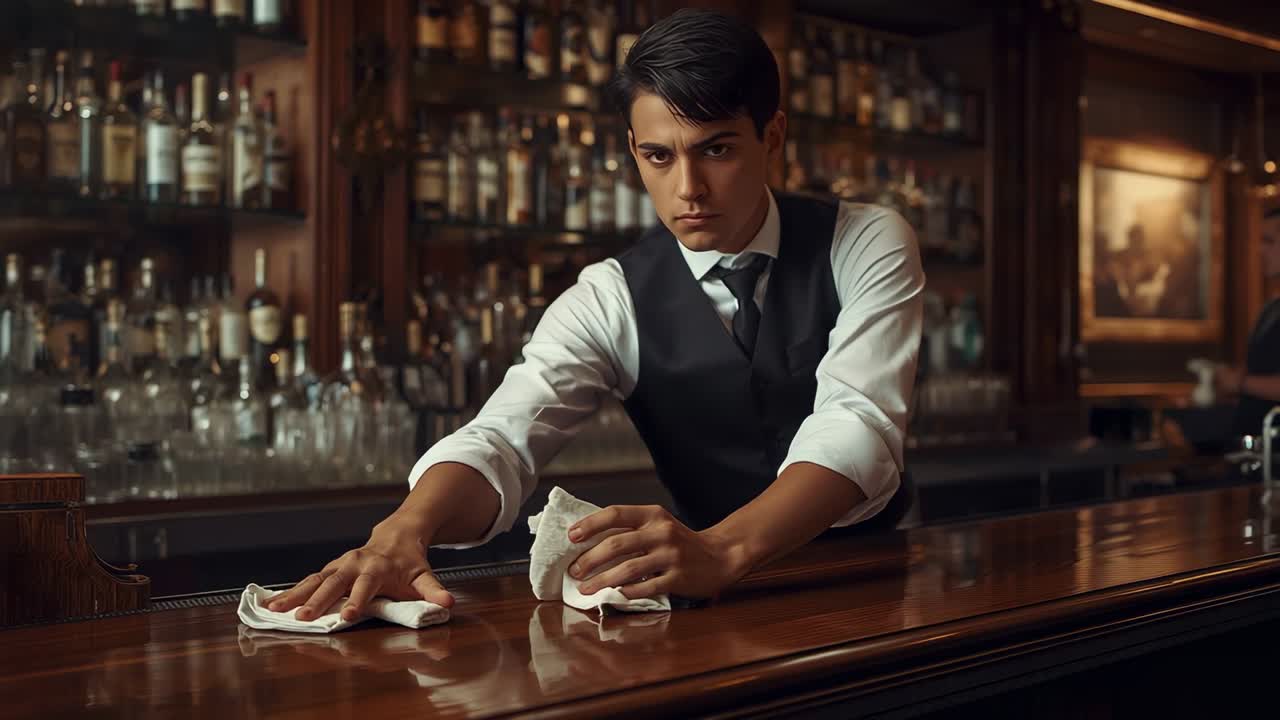 Male bartender wiping wooden counter with cloths in upscale bar, responding to wine bottle arrival