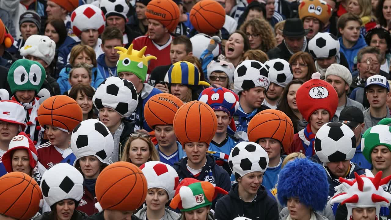 Excitement in the Crowd: Fans Wearing Unique Sports-Themed Hats and Accessories at a Lively Sporting Event, Showcasing Their Team Spirit and Passion for Sports