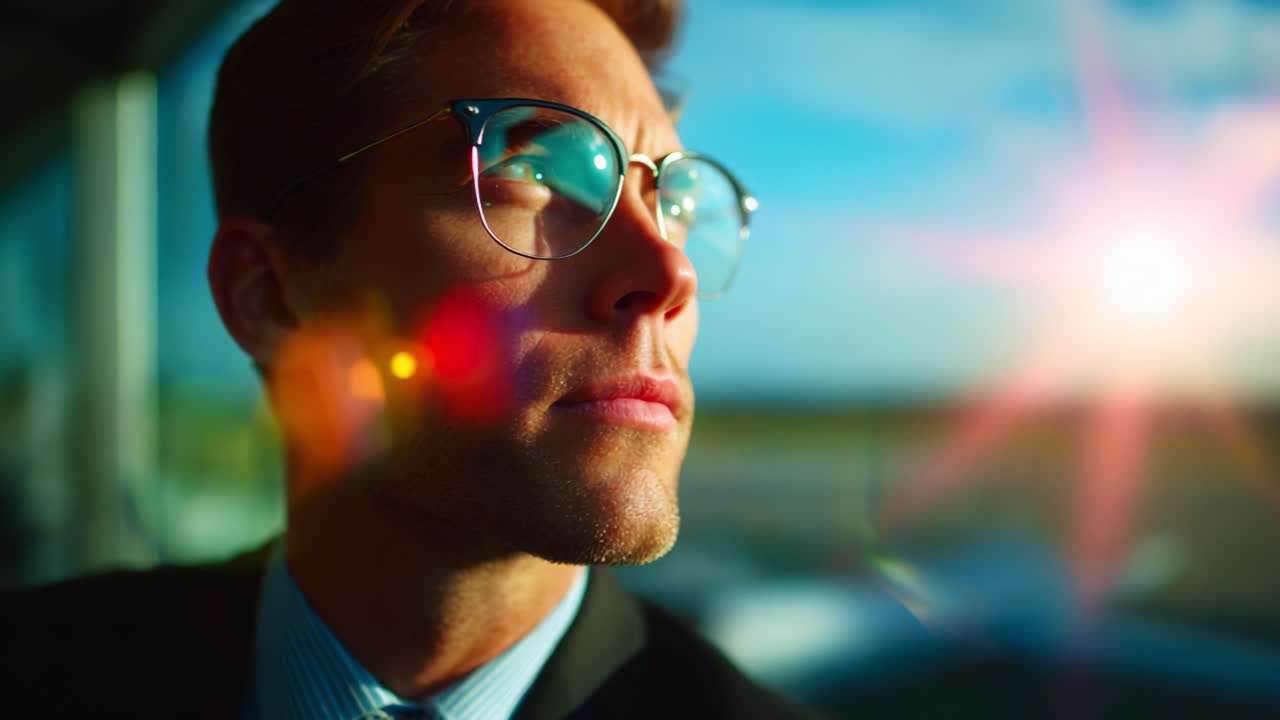 A Thoughtful Moment: A Stylish Man in Glasses Gazes Outward as the Sunlight Shines in the Background, Capturing a Sense of Reflection and Ambition Against a Bright Sky