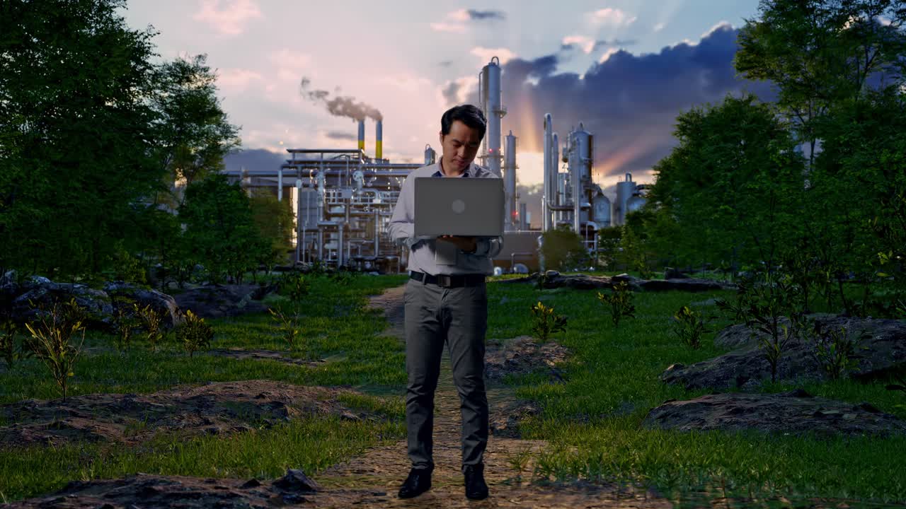 Full Body Of An Asian Male Professional Worker Standing With His Laptop In Front Of Oil Refinery, He Is Nodding His Head With Dissapionted