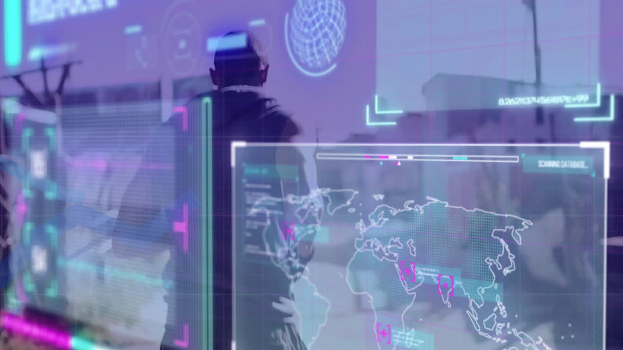 아프리카계 미국인 남자가 달리는 데이터 프로세싱을 가진 화면의 애니메이션