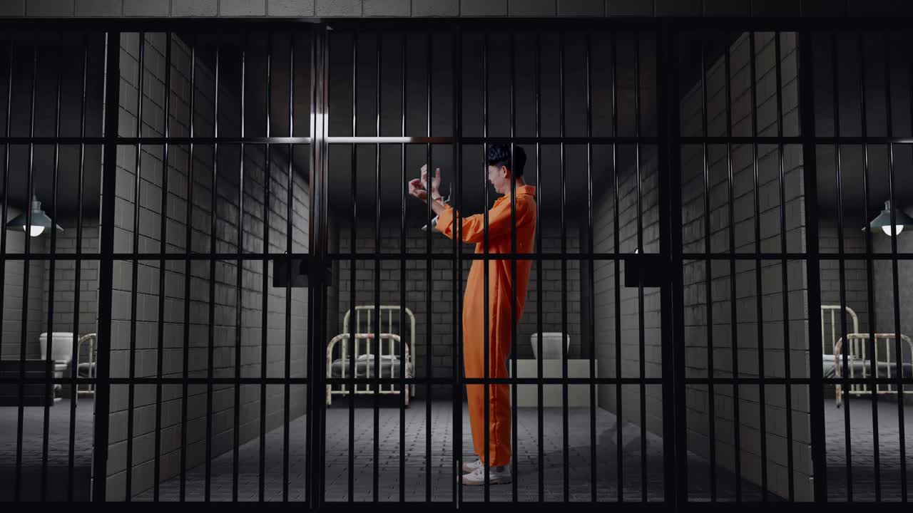 vista lateral del cuerpo completo del prisionero masculino asiático con esposas rotas gritando meta celebrando mientras está de pie en la prisión