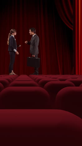 animation of red curtain opening in theater and caucasian female and male actors