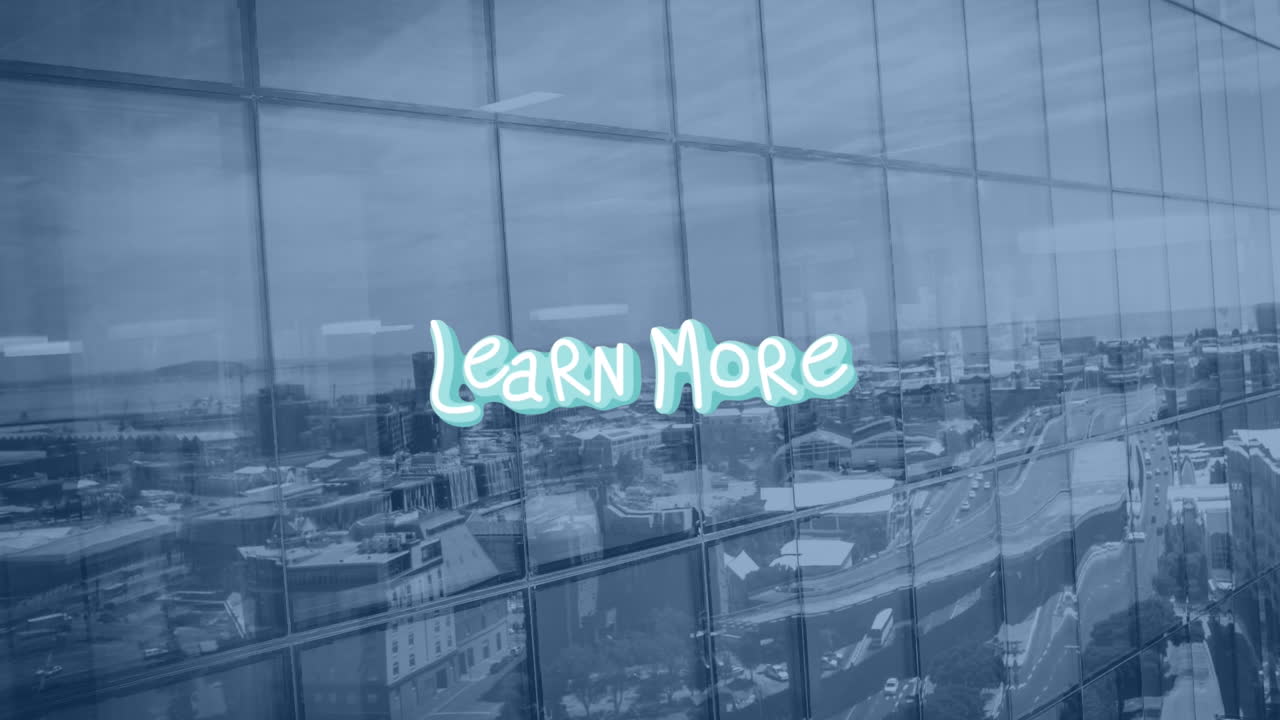 Animation of learn more text with lines over buildings and cityscape