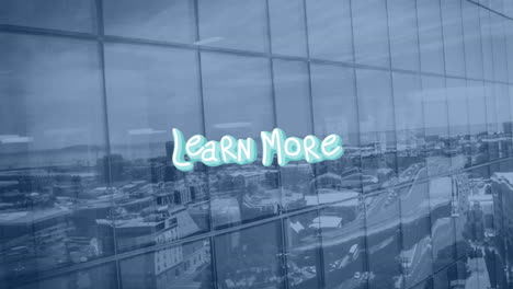 animation of learn more text with lines over buildings and cityscape