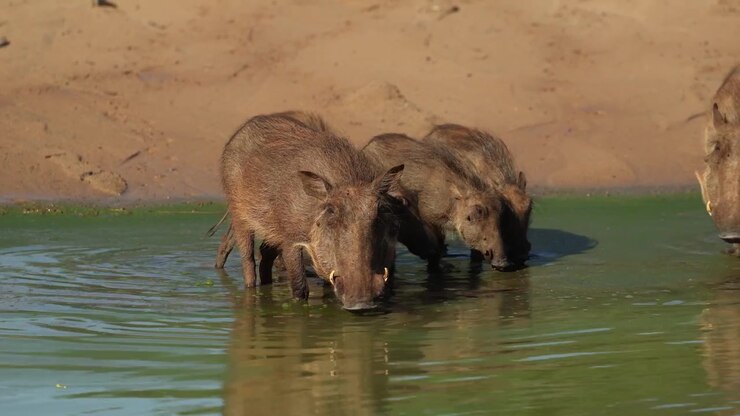 Una femmina di facocero e i suoi quattro cuccioli in piedi nella pozza d'acqua per bere, Riserva di caccia di Mkhuze, Sudafrica.