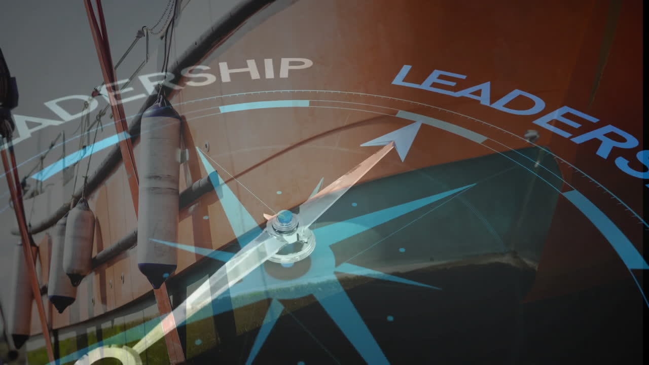 animación de la brújula con texto de liderazgo sobre el astillero