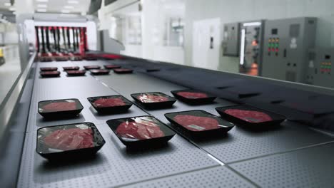 packaged raw meat trays on a conveyor belt in a factory