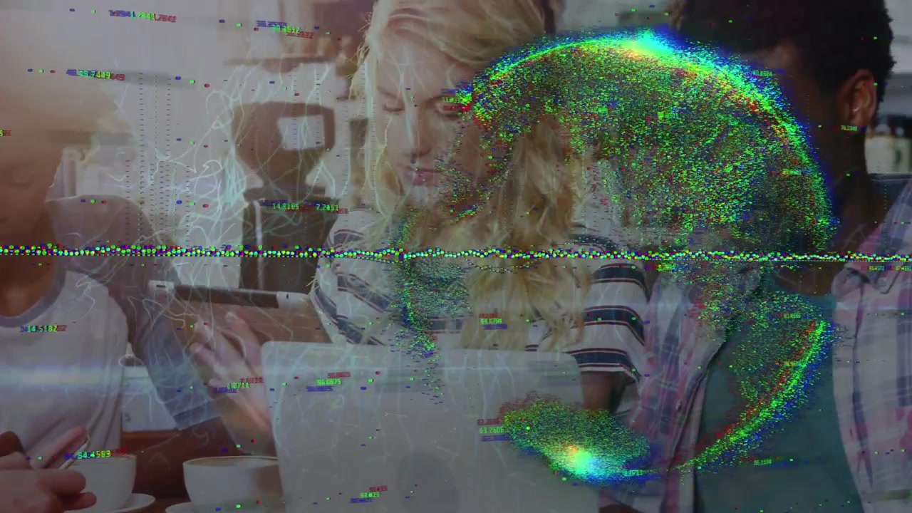 Animation of globe and connections over diverse students pupils with tablets and laptops