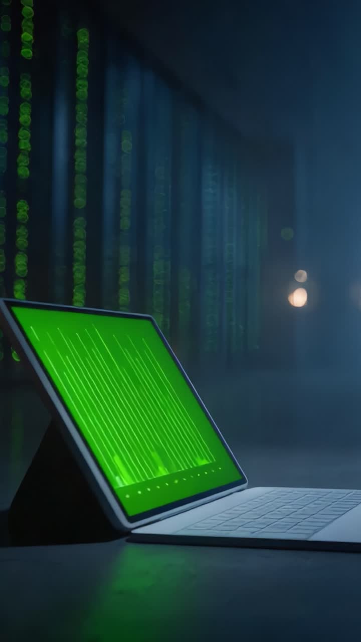 En futuristisk digital scen som visar en surfplatta med livfulla gröna datamönster, mot en bakgrund av upplyst binär kod i en mörk, teknik-inspirerad miljö