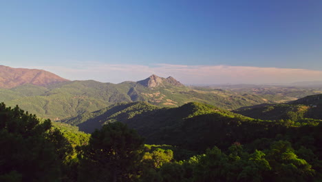 región montañosa aérea, moviéndose hacia atrás entre los árboles