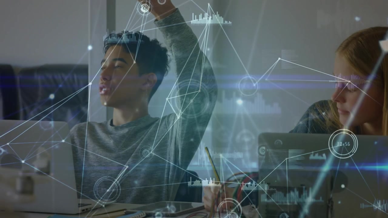 Animation of network of connections over diverse students using laptop