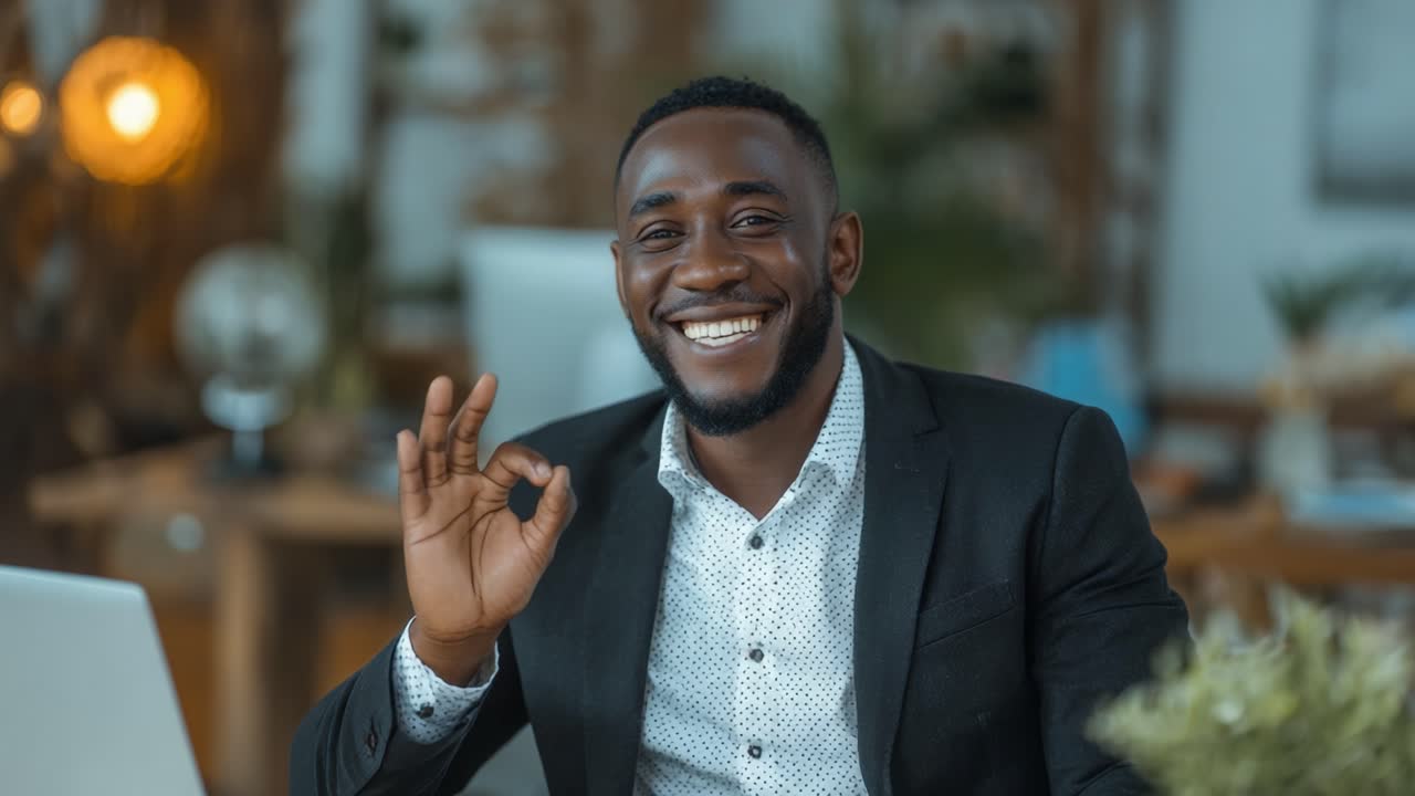 A Confident Businessman Smiling and Giving an Okay Gesture in a Modern Office Setting, Radiating Positivity and Professionalism