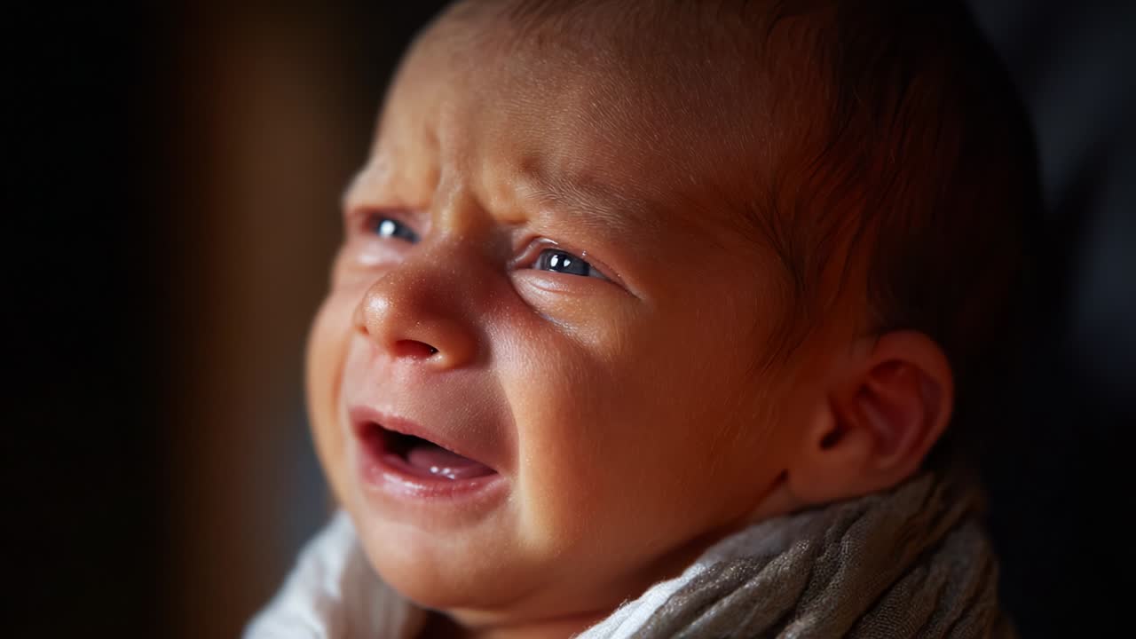 A close-up perspective of a newborn baby expressing intense emotions, showcasing the raw and relatable feelings of fear and discomfort as the little one cries in a soft, warm light setting
