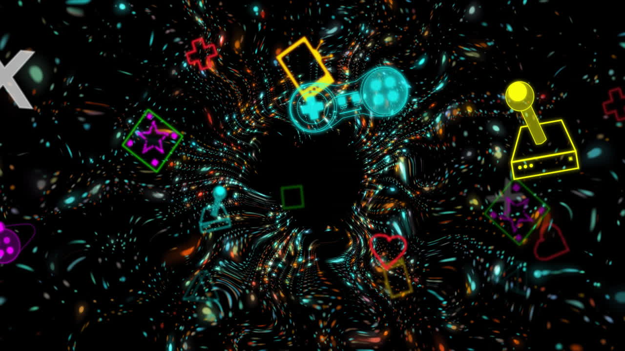 Colorful gaming icons over swirling vortex animation
