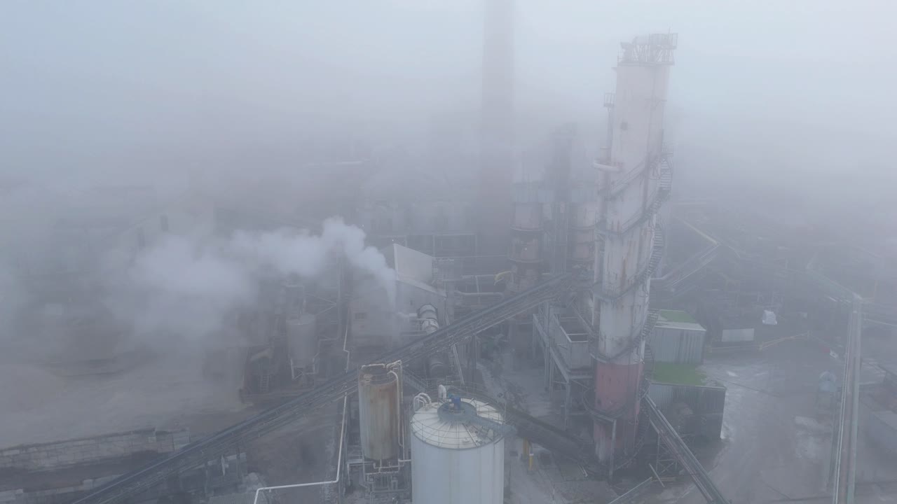 Aerial shot of the British Sugar factory in Bury St Edmunds with chimney stacks and cooling towers emitting fumes into a dense foggy landscape