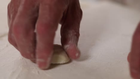 presionando albóndigas chinas, un chef usa la palma de su mano sobre un trozo de masa