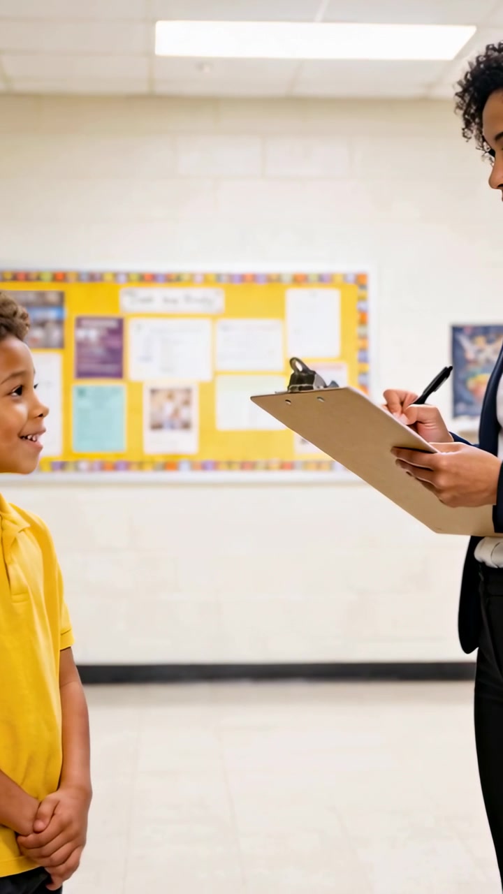 Vertical video: Starting teacher writing on clipboard for hallway check, kid in yellow polo smiling