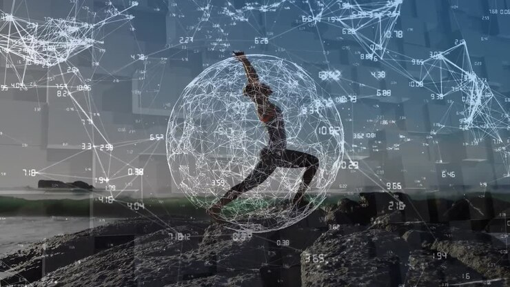 Animation of numbers connecting the dots, spinning globe with caucasian woman doing yoga at beach