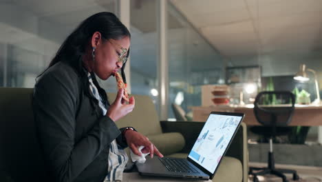 Pizza,-night-and-businesswoman-on-a-laptop