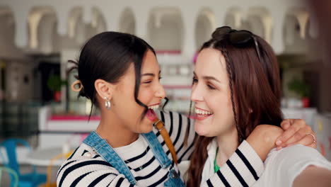 Hug,-girl-friends-and-face-selfie-in-a-restaurant