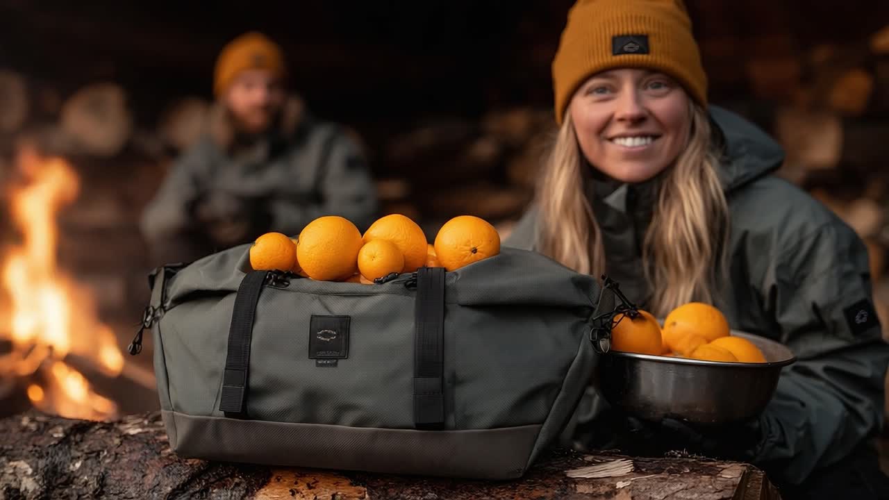 An Adventurous Encounter with Nature: A Smiling Individual Enjoys Fresh Oranges by a Cozy Campfire, Surrounded by Warm Gear and a Relaxing Atmosphere