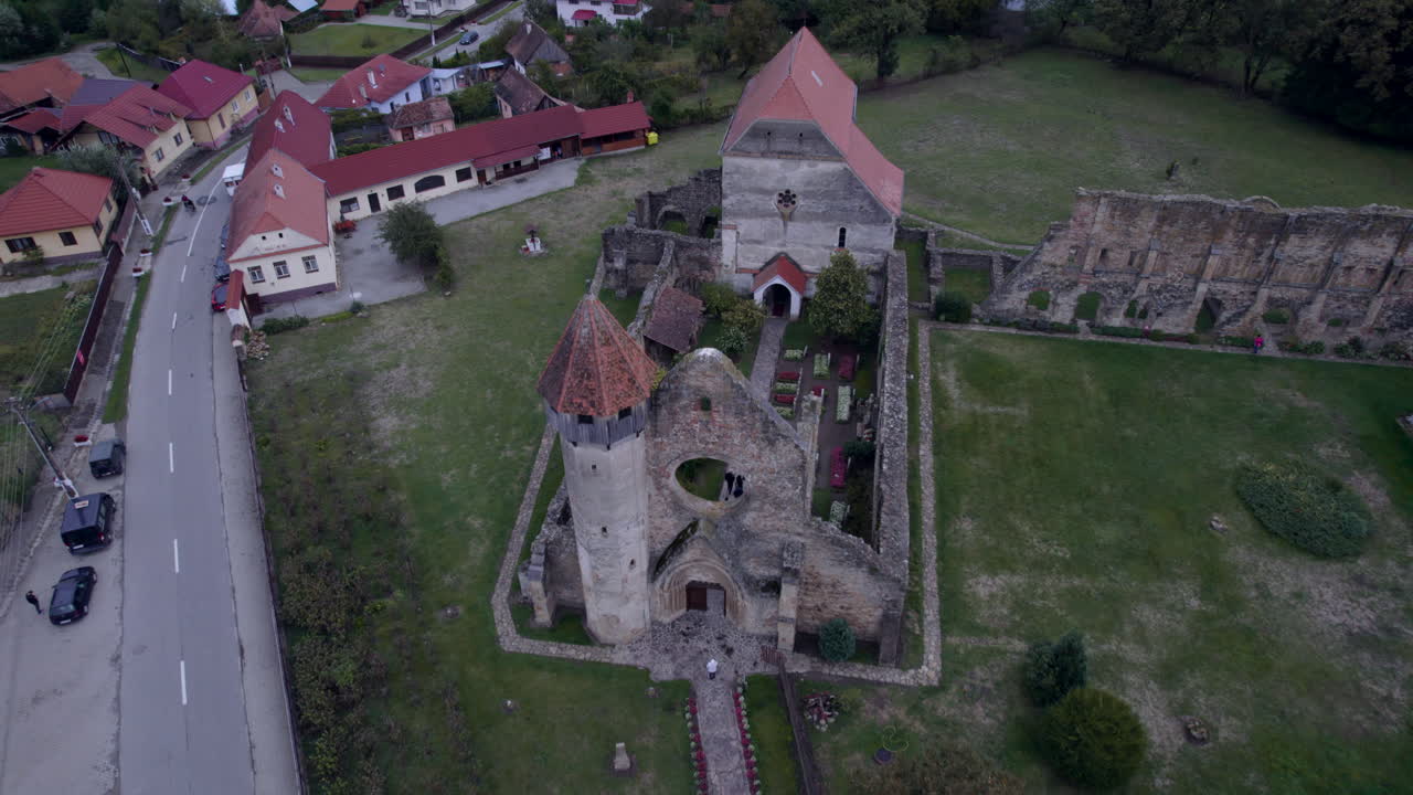 Aerial View of a Historic Monastery Ruins in a Village