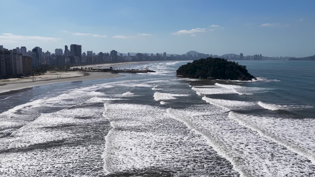 Jose Menino Beach At Santos In Sao Paulo Brazil. Beach Landscape. Downtown Seascape. Travel Destination. Jose Menino Beach At Santos In Sao Paulo Brazil. Urban Beach Skyline