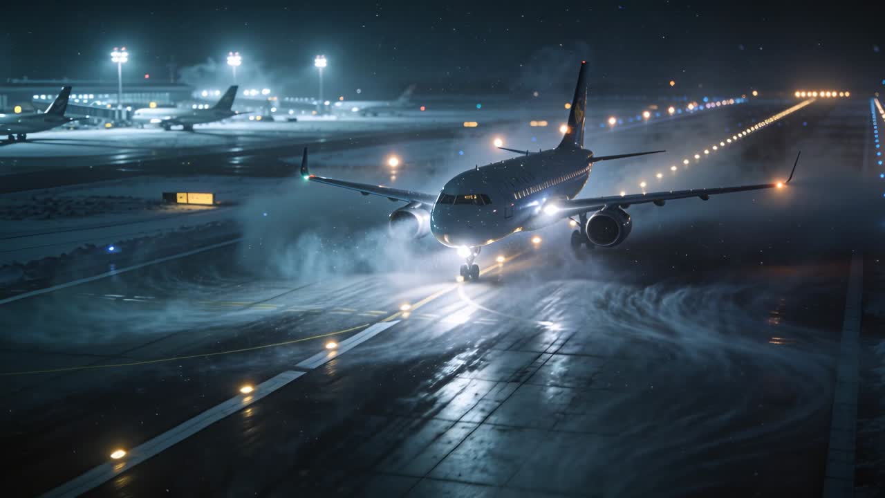 Jet a fusoliera stretta in rullaggio che riceve l'autorizzazione, rulla su una pista bagnata di notte sollevando spruzzi.