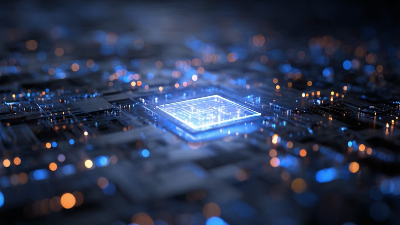 Advanced central processor unit powering on and processing data on a circuit board with glowing blue and orange signals, representing futuristic technology and the flow of digital information