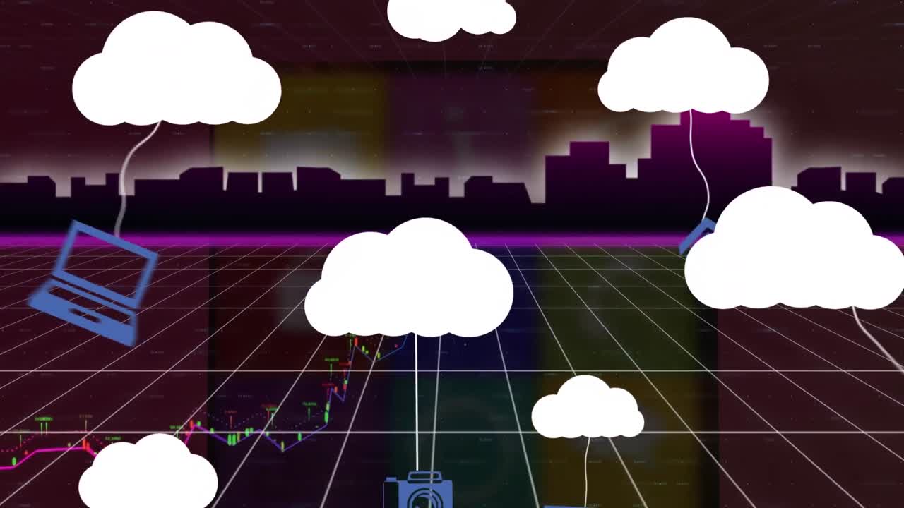 animación de iconos de nubes sobre el paisaje urbano y procesamiento de datos