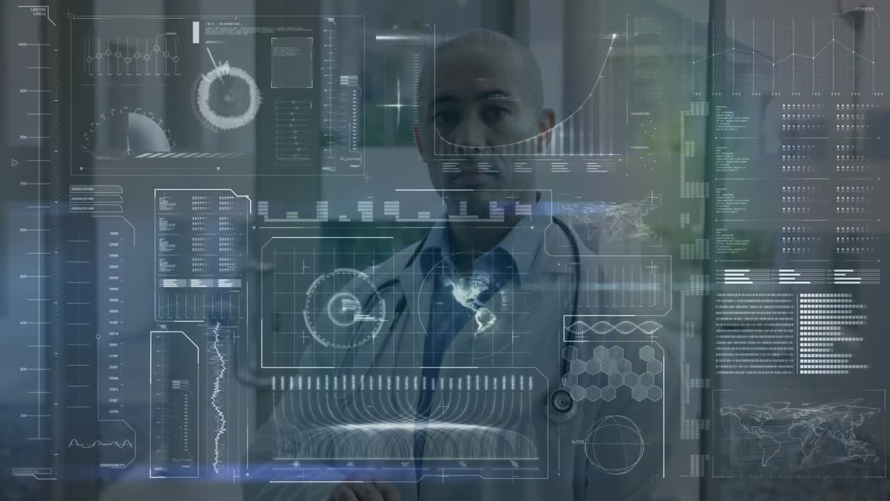 male physician interacting with floating clinical holograms, showing charts, graphs, world map