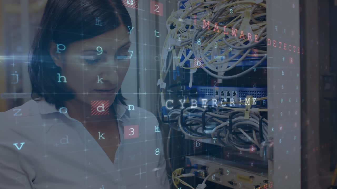 Woman working in a server room while danger messages move and flash in the foreground