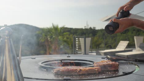 grilling steaks with fresh pepper on a sunny patio with scenic green views