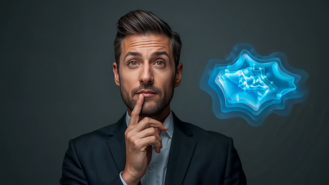 Reazione alla comparsa di una forma blu brillante, uomo in giacca che si tocca il mento in studio, mentre analizza