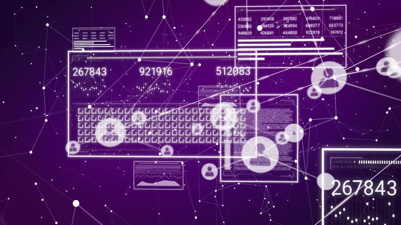 Processing digital data, network connections and statistics animation on purple background