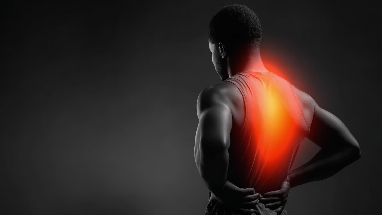 Exploring Back Pain: A Visual Journey Depicting the Discomfort and Impact on Physical Well-being Through Striking Black-and-White Imagery with a Fiery Red Highlight