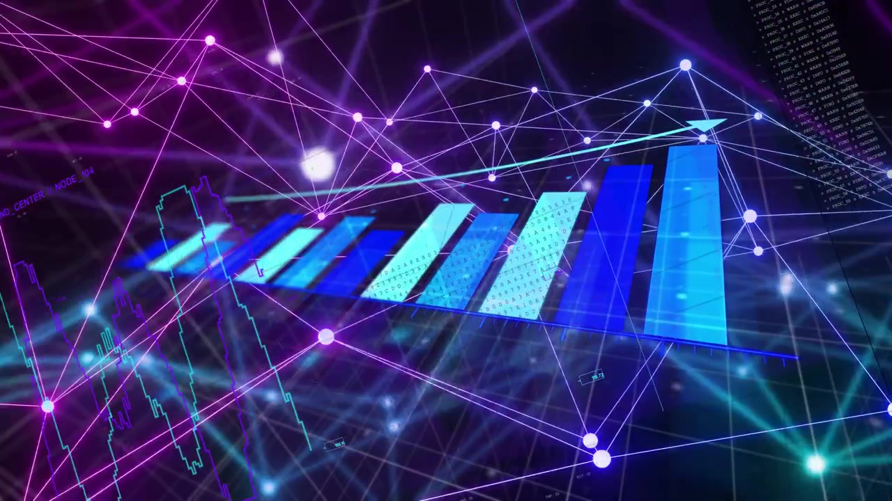 Panels emerging from left sliding and aligning, blue 3D bars rising, arrow pointing, showing growth
